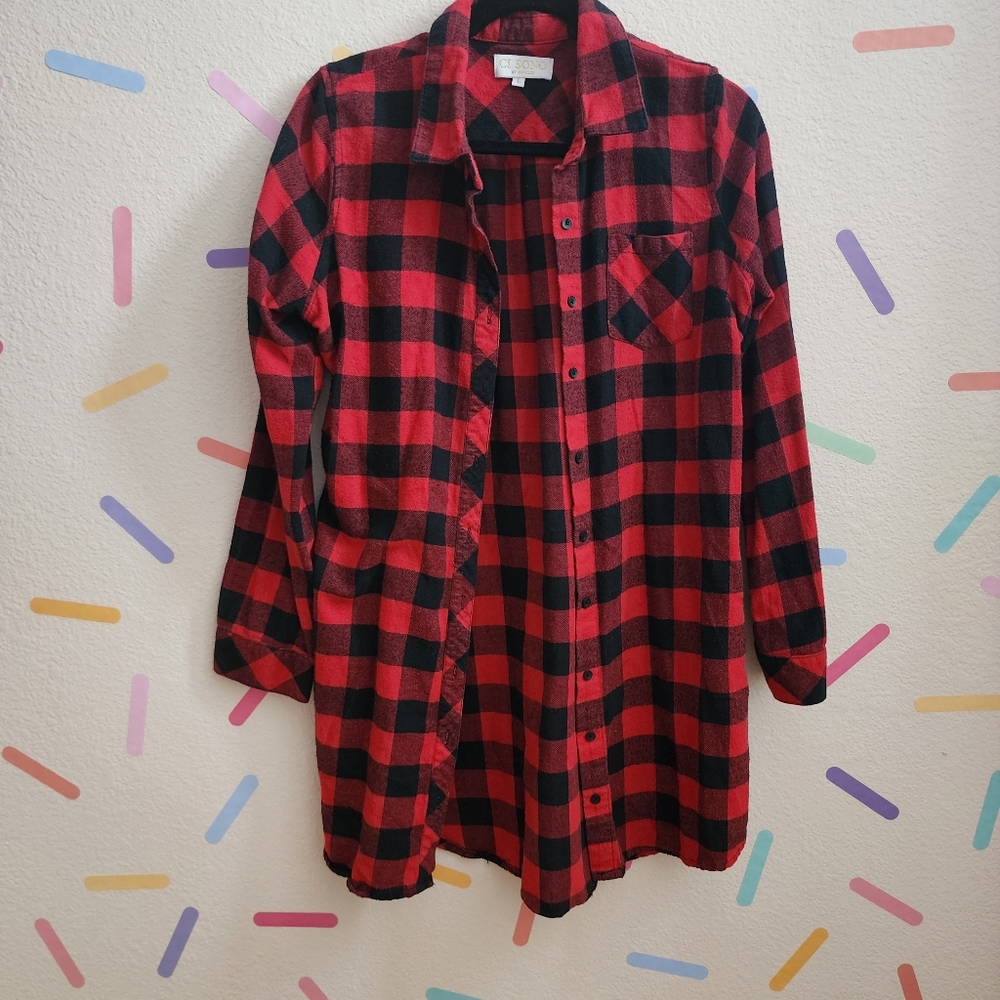 Ci Sono by Cavalini Buffalo Check Button Up Tunic shirt Size LARGE